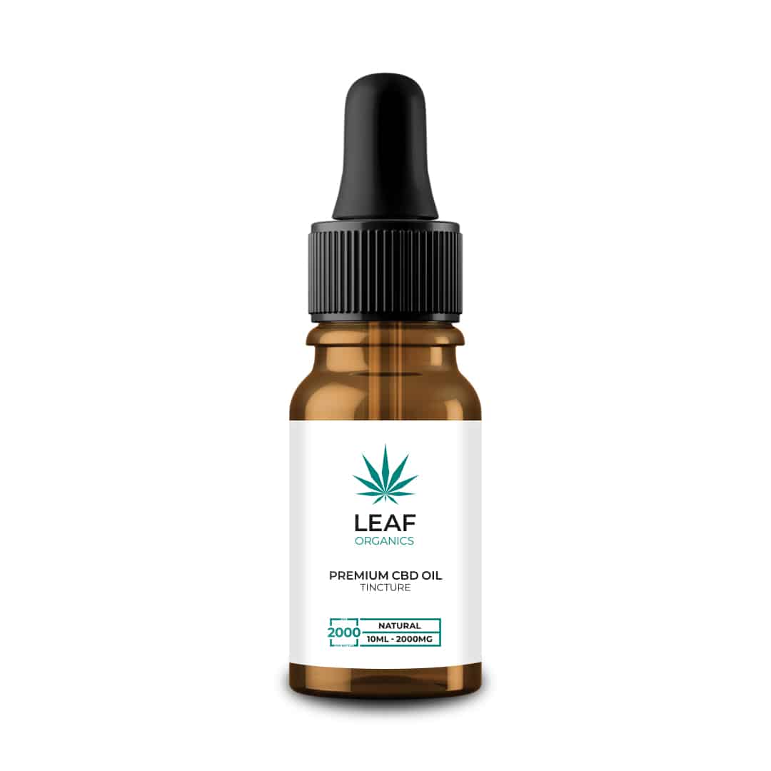 2000mg - 20 % CBD, 1000mg - 10% CBD, 2000 mg - 20%CBD, tincture bottles. natural golden full spectrum CBD from Leaf Organics