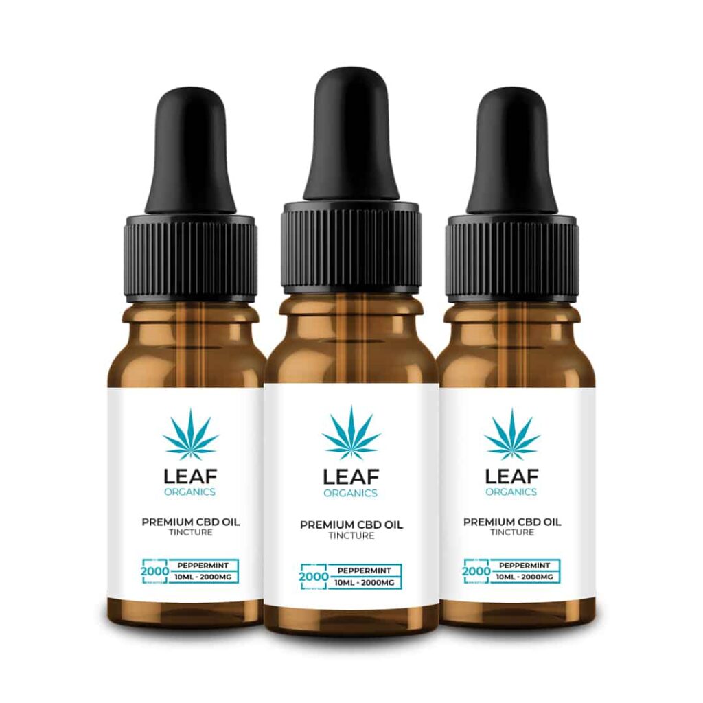 500mg - 5% CBD, 1000mg 10% CBD, 2000 20%mg peppermint CBD, tincture bottles. peppermint CBD from Leaf Organics