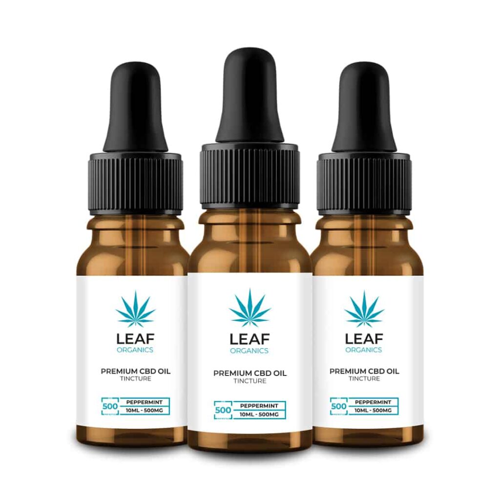 500mg - 5% CBD, 1000mg 10% CBD, 2000 20%mg peppermint CBD, tincture bottles. peppermint CBD from Leaf Organics